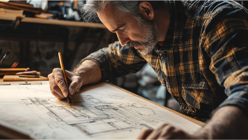 A man working on an elevation drawing