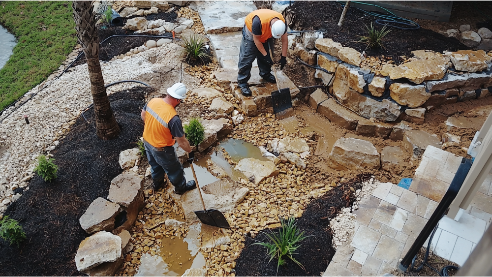 A team professionally landscaping a property