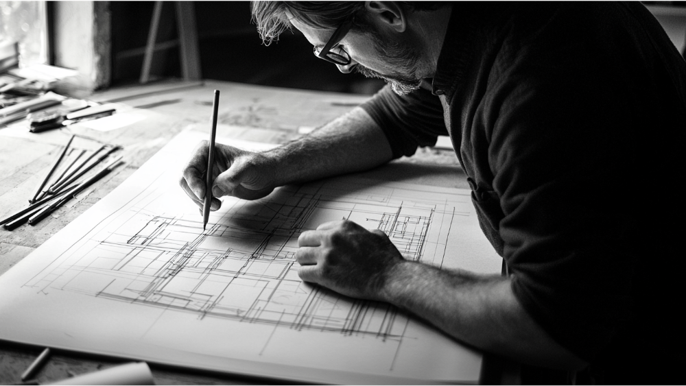 A man completing a construction drawing