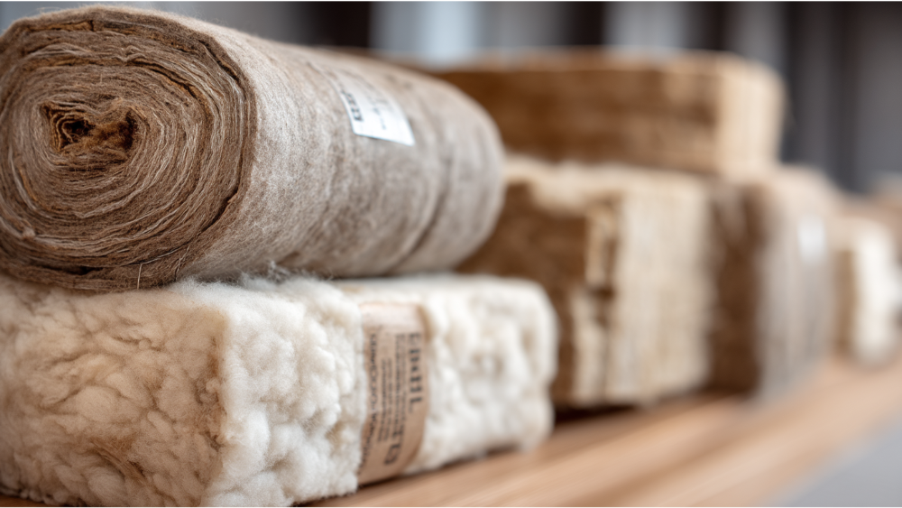 Close-up of sustainable insulation materials, including wool and natural fiber rolls stacked on a wooden shelf