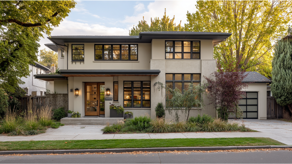 Street view of a modern two-story home with flat rooflines, large black-framed windows, stucco and stone facade, and minimal landscaping