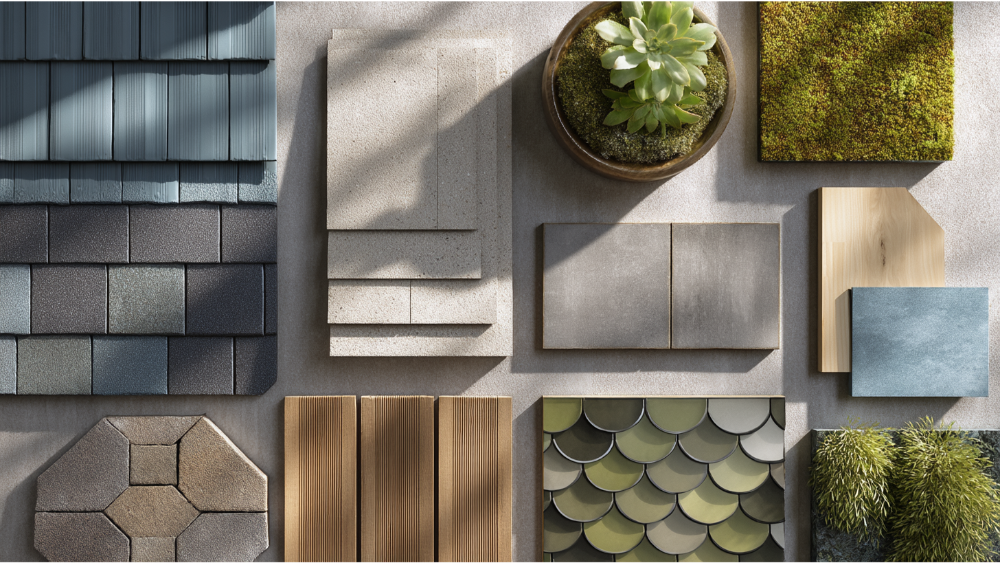 Top-down view of various modern and sustainable roofing and siding materials, including shingles, metal, wood, tile, and plant-based surfaces